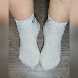 Distressed Worn White Ankle Socks with Gray Smiley Face